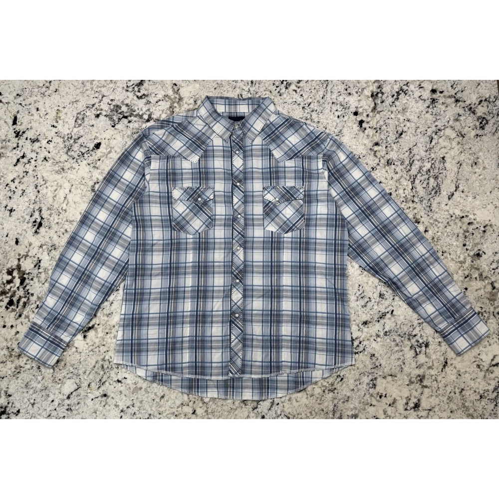 NWOT Wrangler Western Shirt Mens XXL Blue Plaid‎ Pearl Snap Button  Long Sleeve